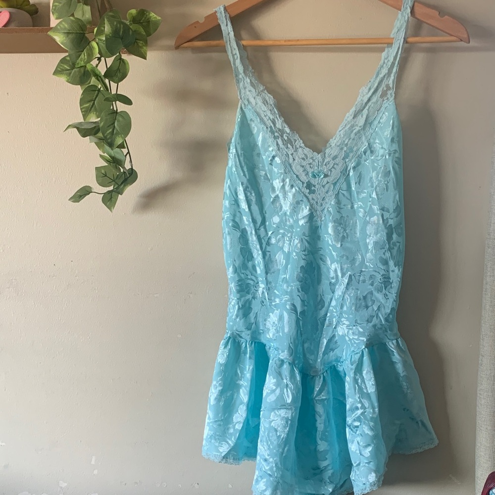 Victoria's Secret Light Blue Lace Trim Satin Romper